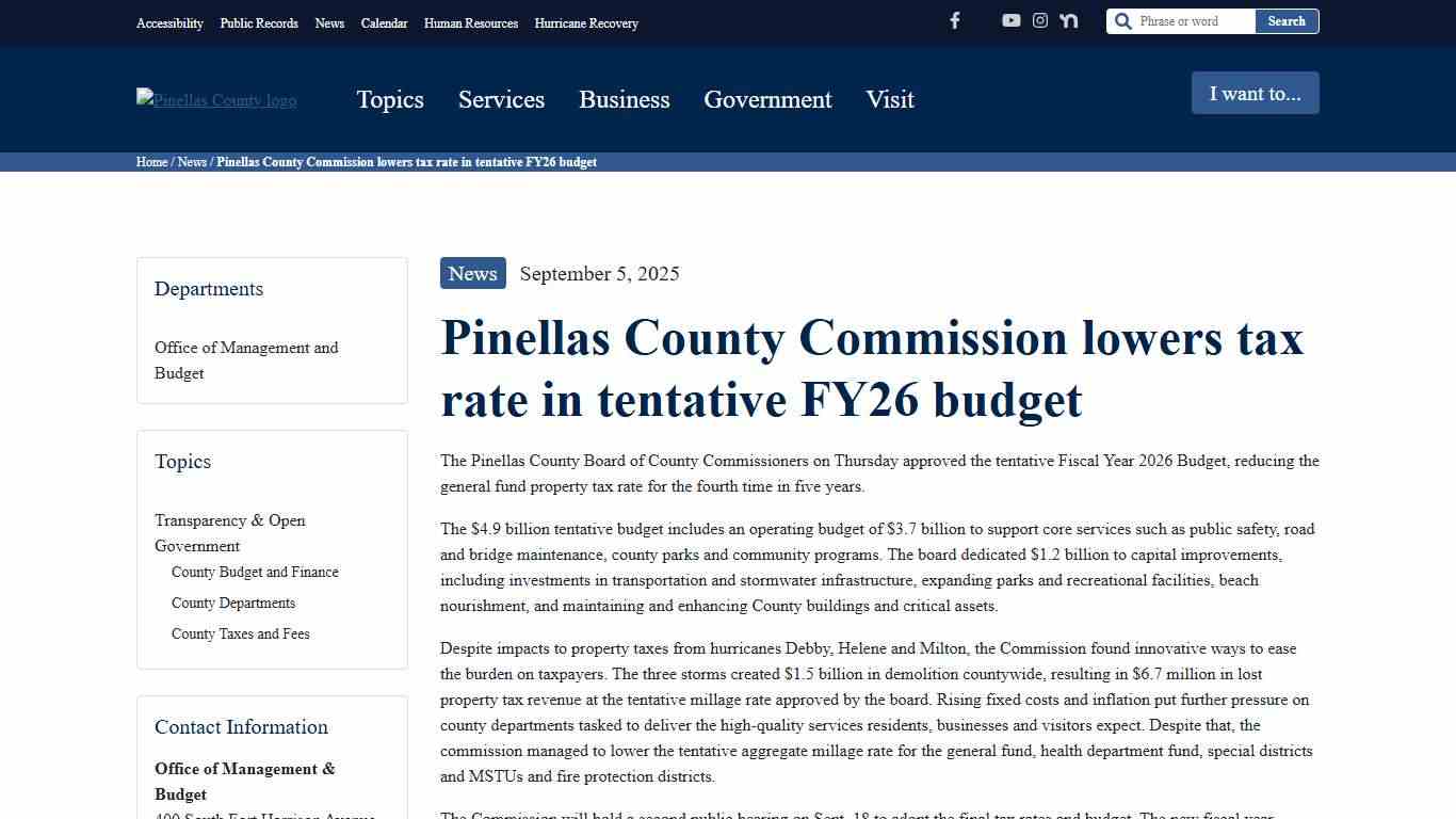 Pinellas County Commission lowers tax rate in tentative FY26 budget - Pinellas County